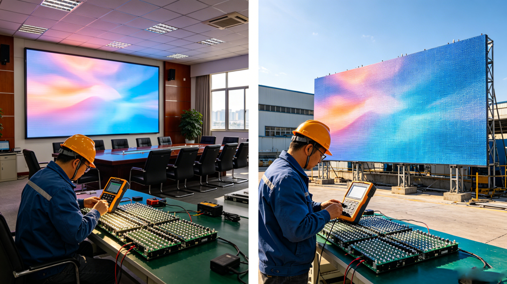 Technician testing LED screen pixel pitch and brightness for indoor and outdoor use