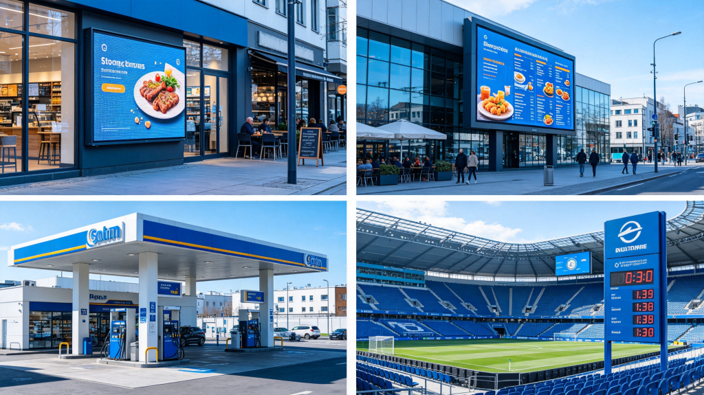 Outdoor LED panel applications for retail stores, restaurants, gas stations, sports venues and outdoor advertising