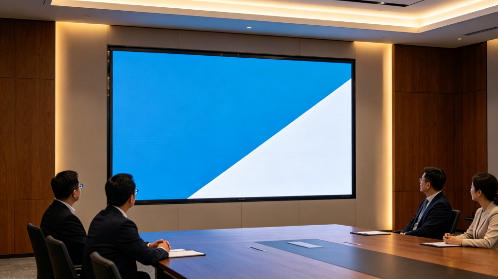 Large indoor LED display installed in modern conference room for business presentations	