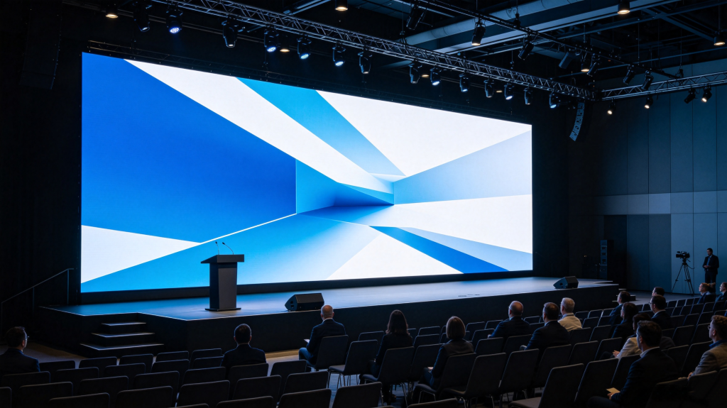 LED display rental screen installed on stage for corporate product launch, bright visual content and professional event setup	