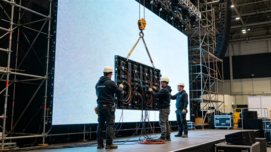 Technician checking brightness, pixel pitch and refresh rate of LED display rental before event opening	