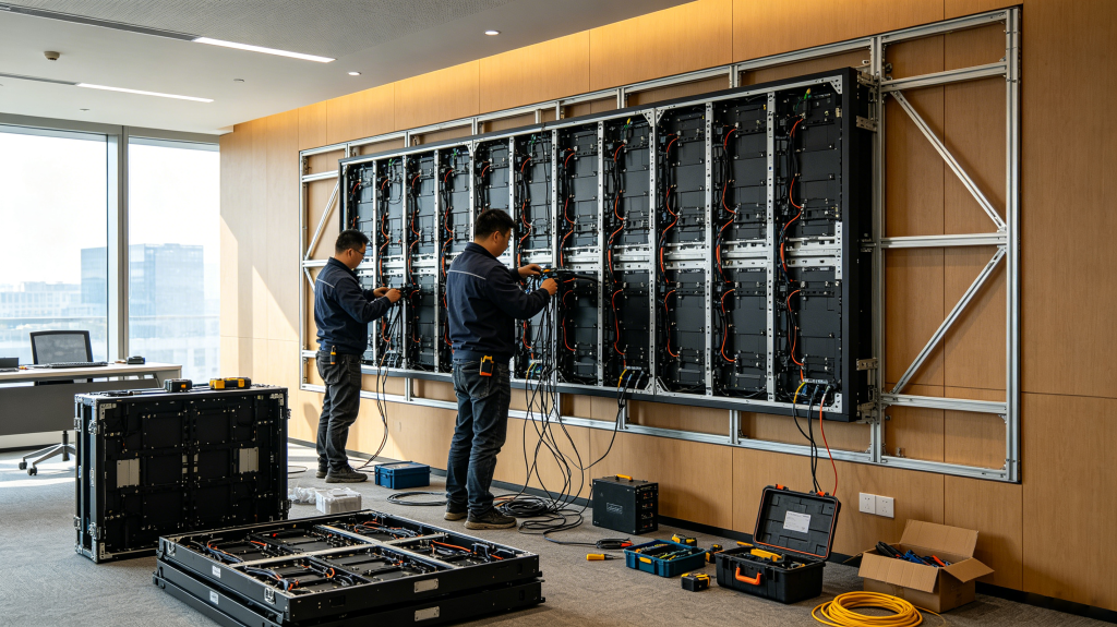 Indoor LED display cabinet design, magnetic mounting and installation structure on site	
