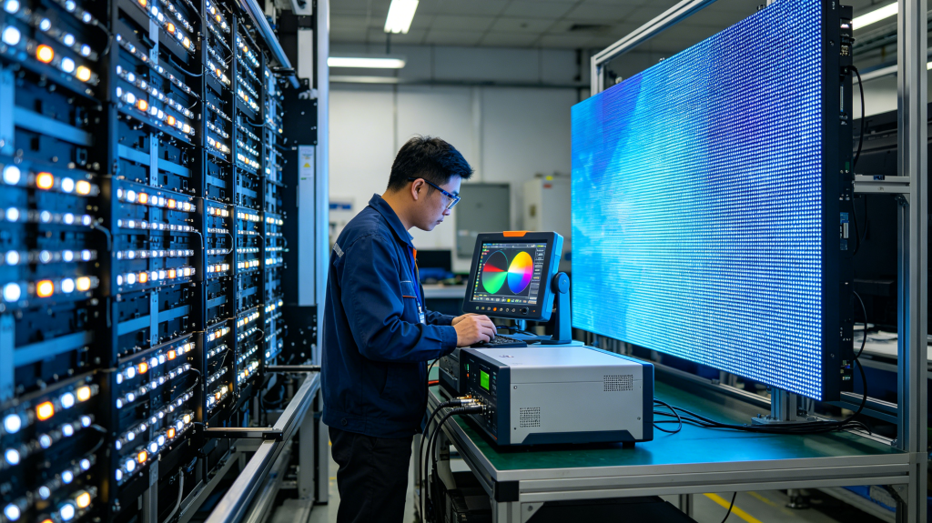 Technician testing indoor LED display pixel pitch, brightness and color accuracy in workshop	