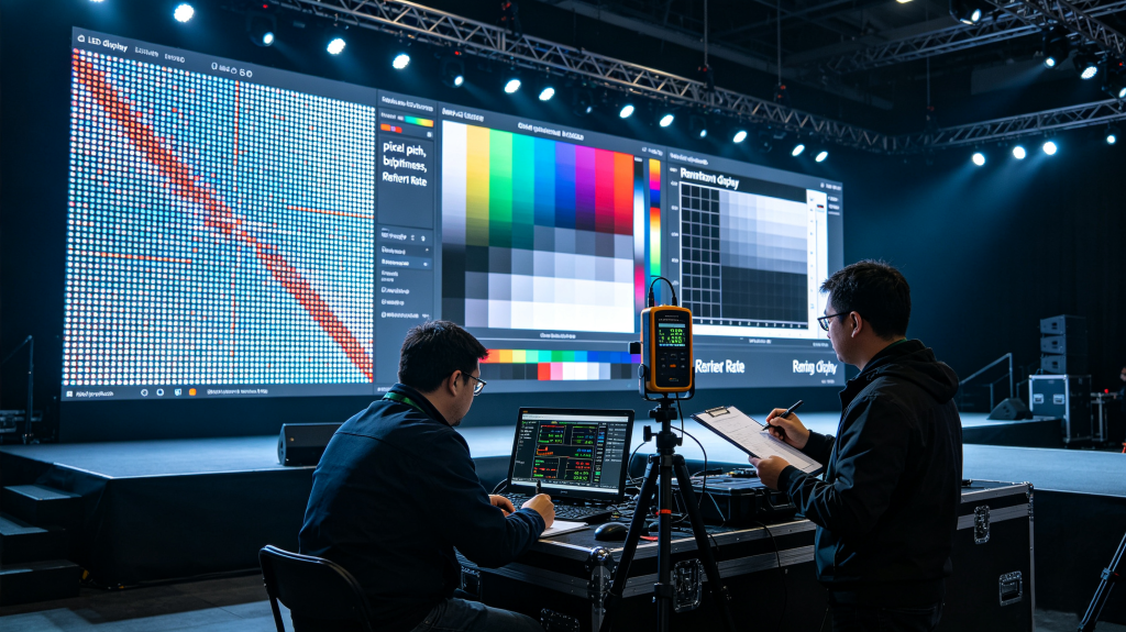 Technicians installing LED display rental panels on stage trussing, showing on-site assembly and event support	