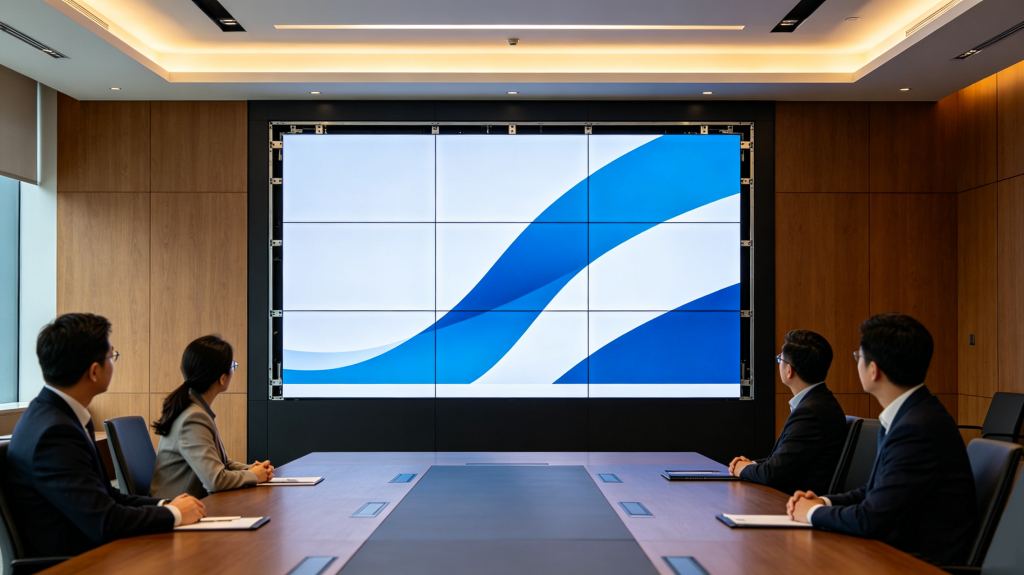 Large indoor LED screen installed in modern conference room for business presentations