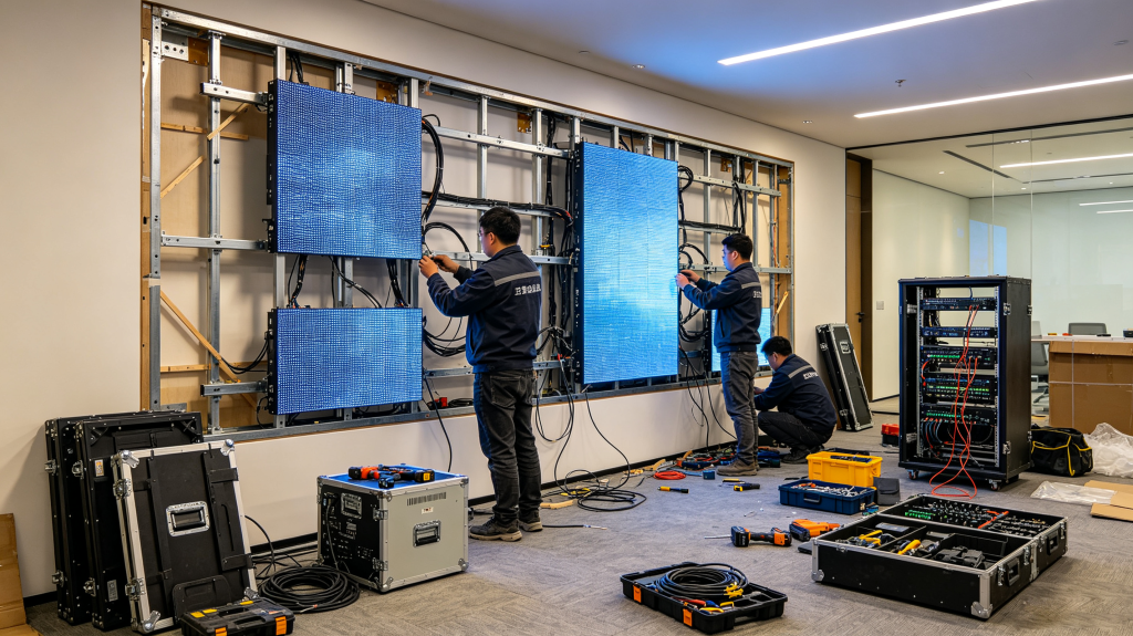 LED screen panel cabinet design, magnetic mounting and installation structure on site	