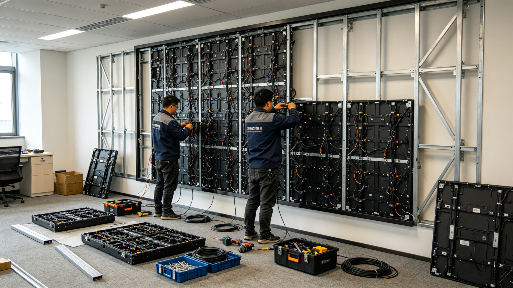 Indoor LED screen cabinet design, magnetic mounting and installation structure on site