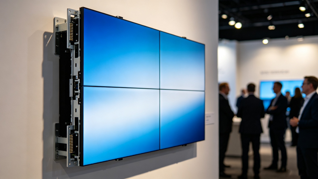 LED screen panel module installed in modern exhibition hall with modular frame	