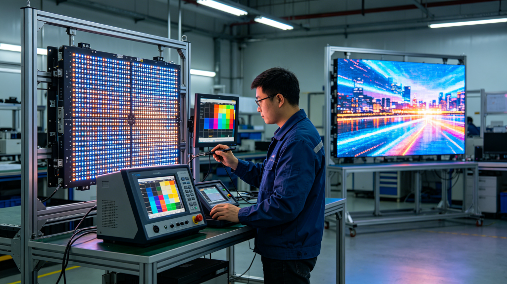 Technician testing indoor LED screen pixel pitch, brightness and color accuracy in workshop