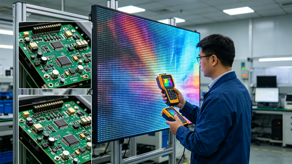 Technician testing LED screen panel pixel pitch, brightness and color accuracy in workshop	