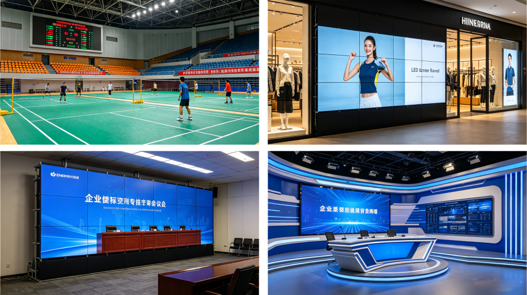 Real LED screen panel projects in sports venue, retail store, conference room and broadcast studio	