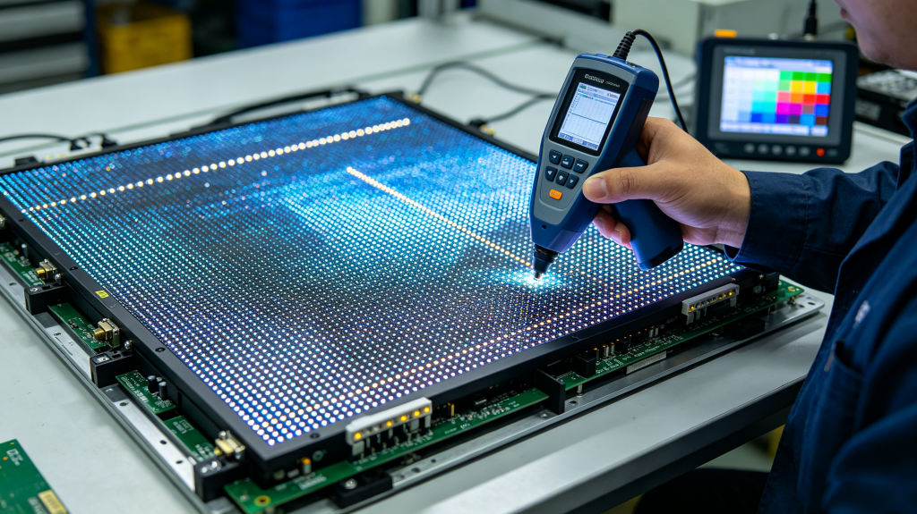 Technician testing LED screen panel pixel pitch, brightness and color accuracy in workshop