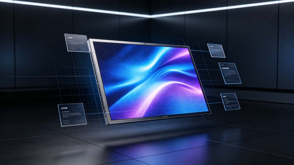 Minimal white studio shot of modular LED display panel, floating module with soft gray background for buying guide header