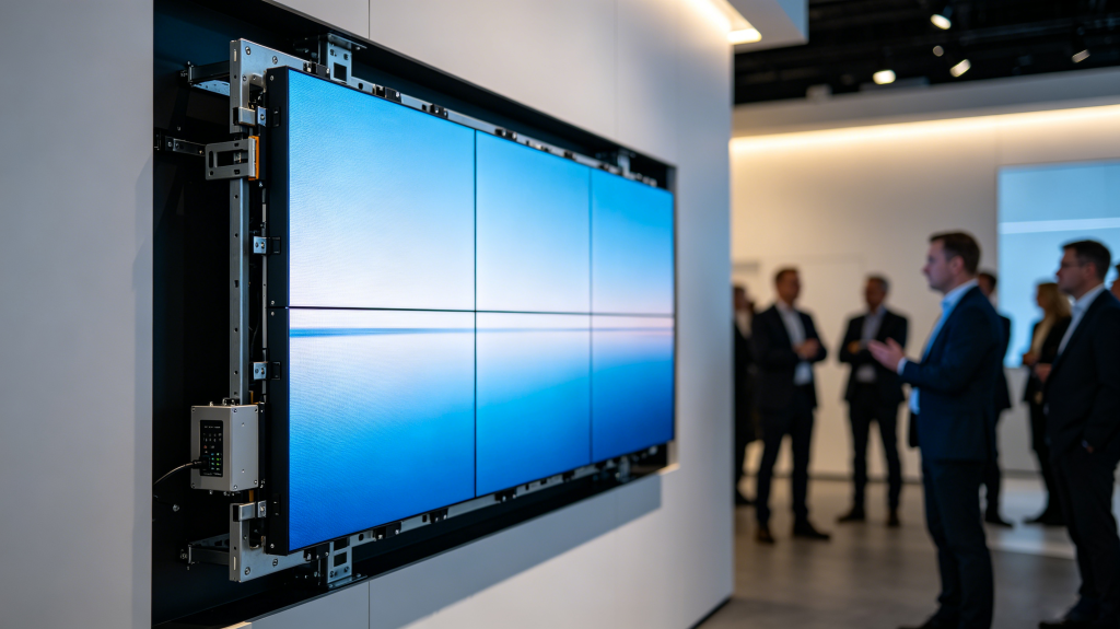 LED screen panel module installed in modern exhibition hall with clear modular frame
