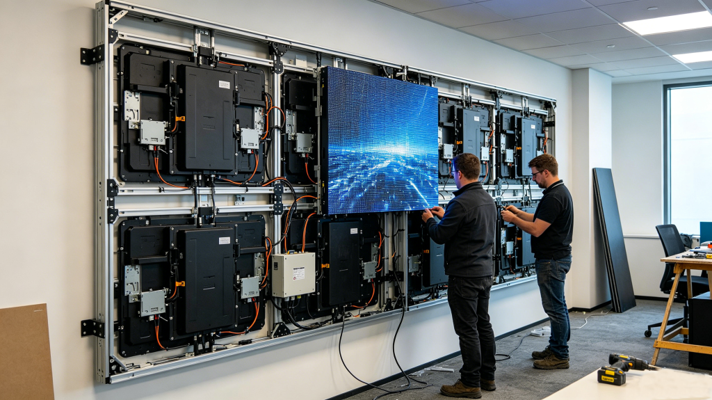 LED screen panel modules, cabinet design and magnetic mounting structure on site