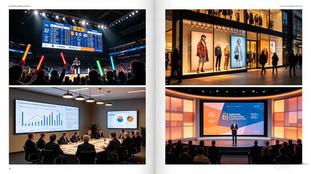 Clean card collage of LED display panel applications: sports scoreboard, retail storefront, corporate event, broadcast studio