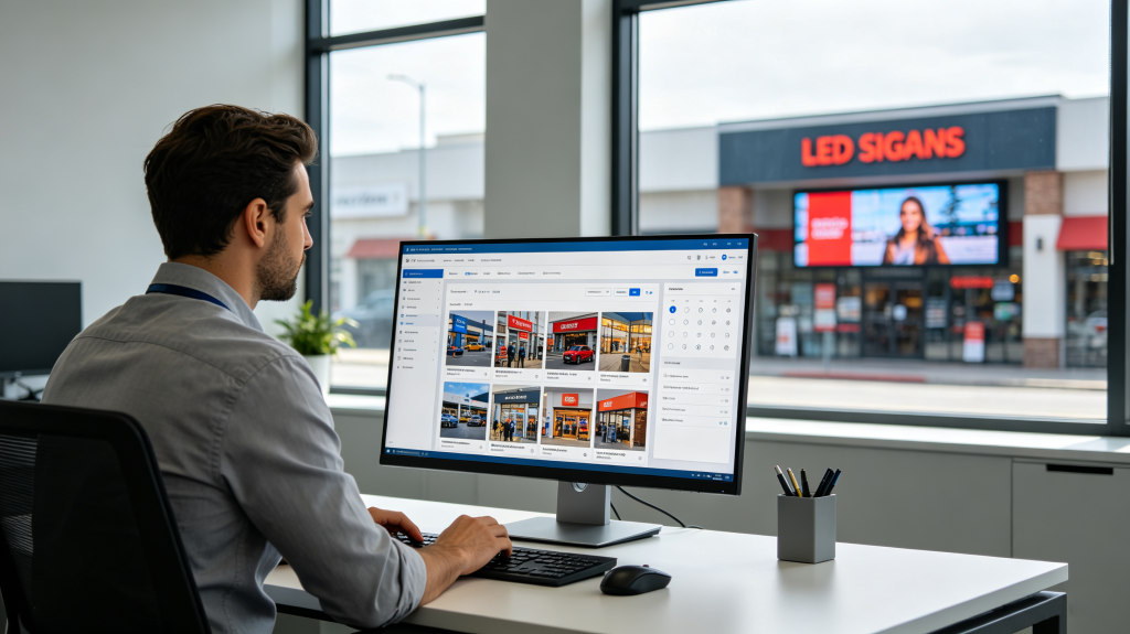 Business manager updating LED signage content through cloud-based software in office