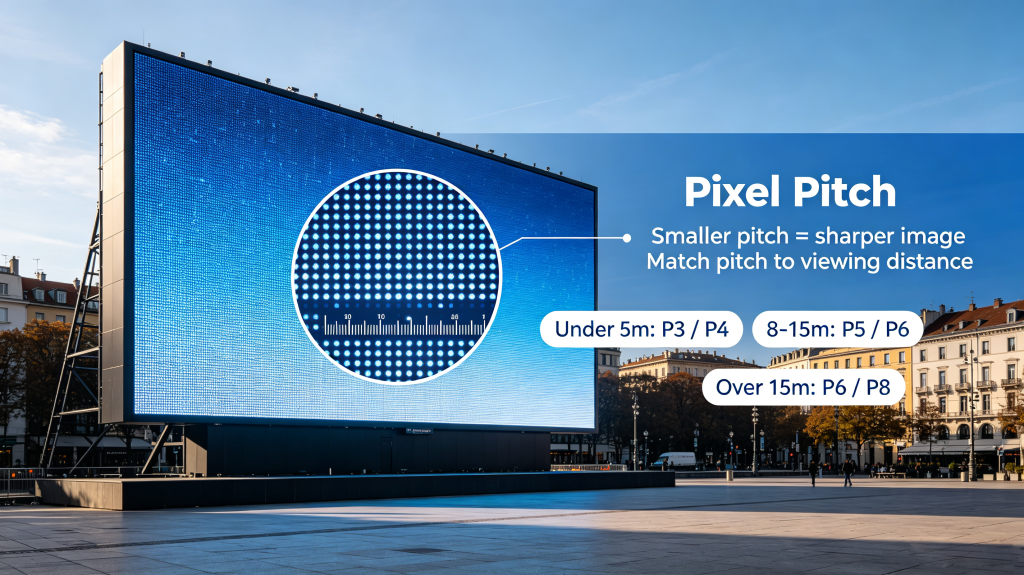 Pixel pitch comparison chart for outdoor LED display screen, P3 P4 P5 P6 viewing distance reference