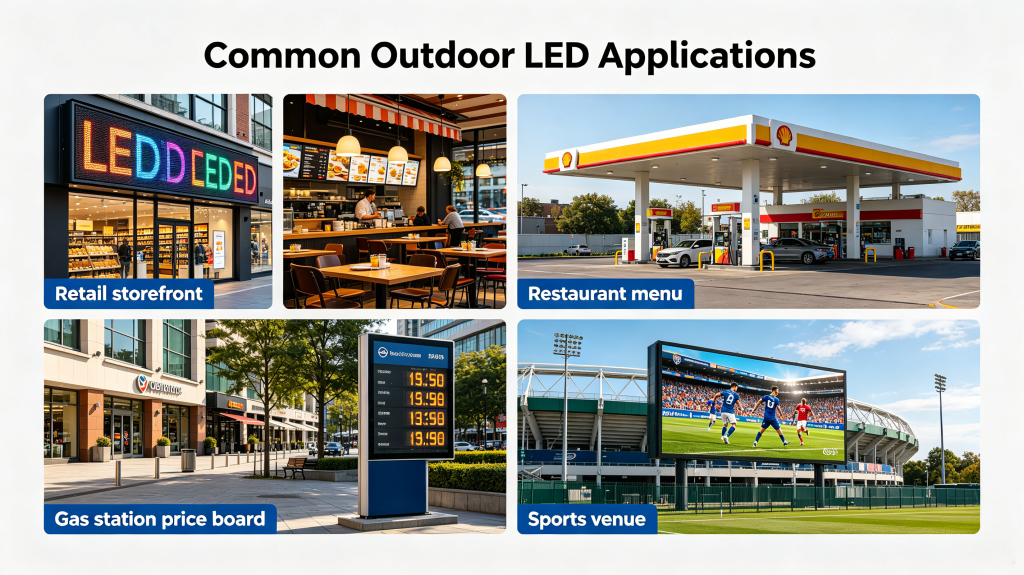 Outdoor LED display screen applications, retail storefront, gas station, shopping mall and sports venue