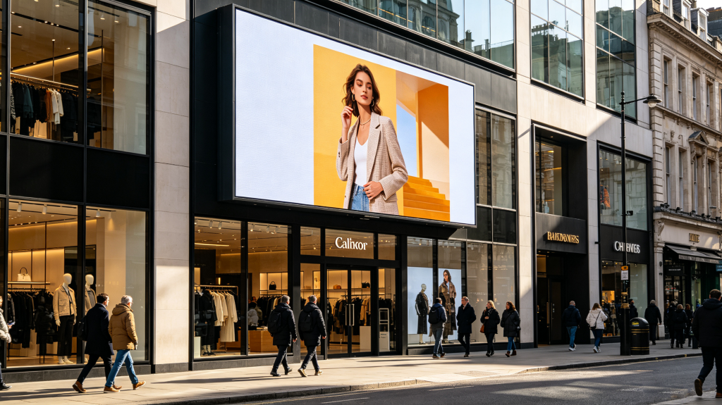 Outdoor LED signage for business installed on retail storefront with bright daytime advertising display
