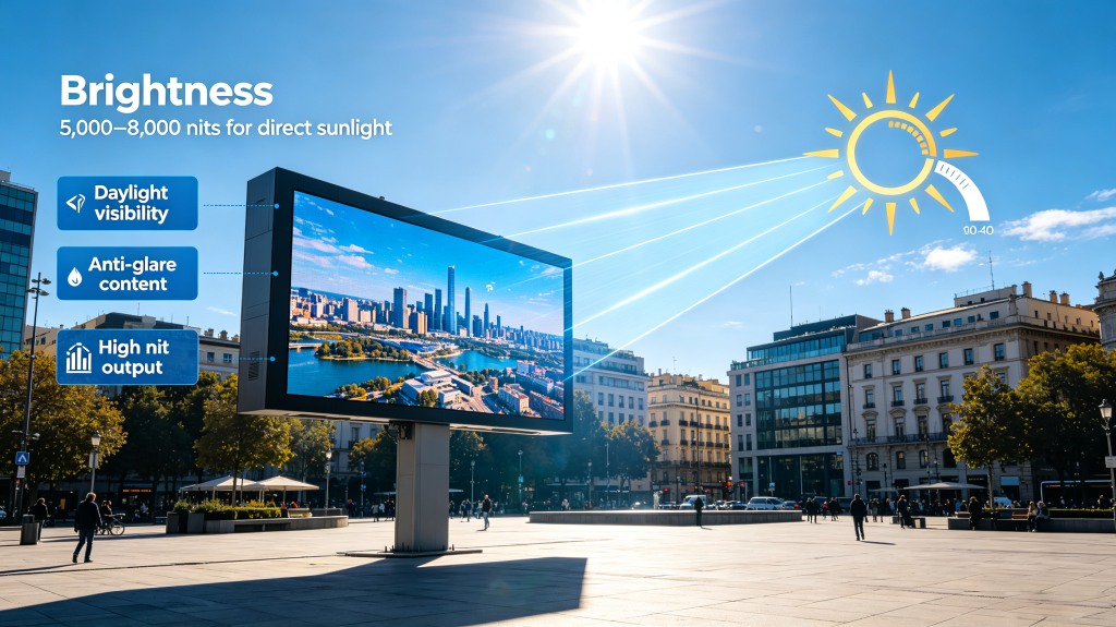 Brightness nits explanation for outdoor LED display screen, visible under direct sunlight