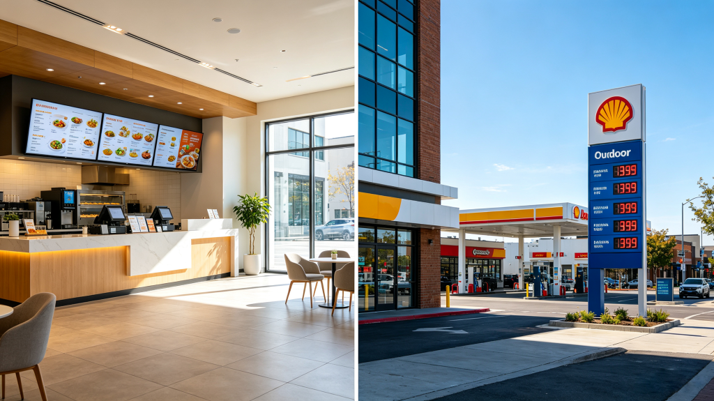 Comparison of indoor LED signage in lobby and outdoor LED signage on storefront