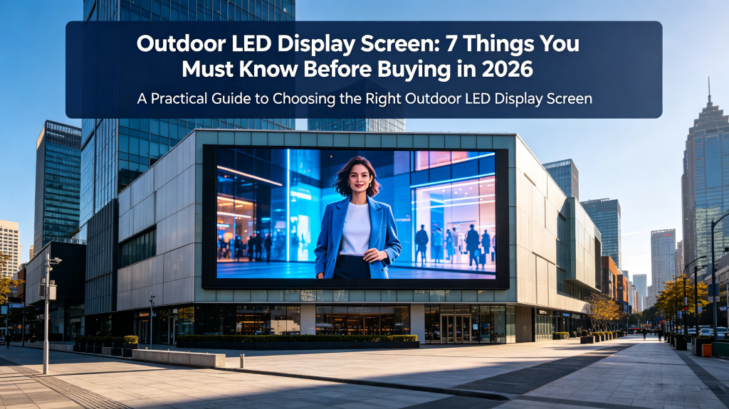 Outdoor LED Display Screen buying guide 2026, commercial outdoor LED billboard on building facade