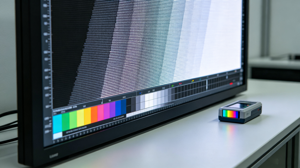 Close-up of indoor LED screen panel testing pixel pitch, color accuracy and gray scale performance	