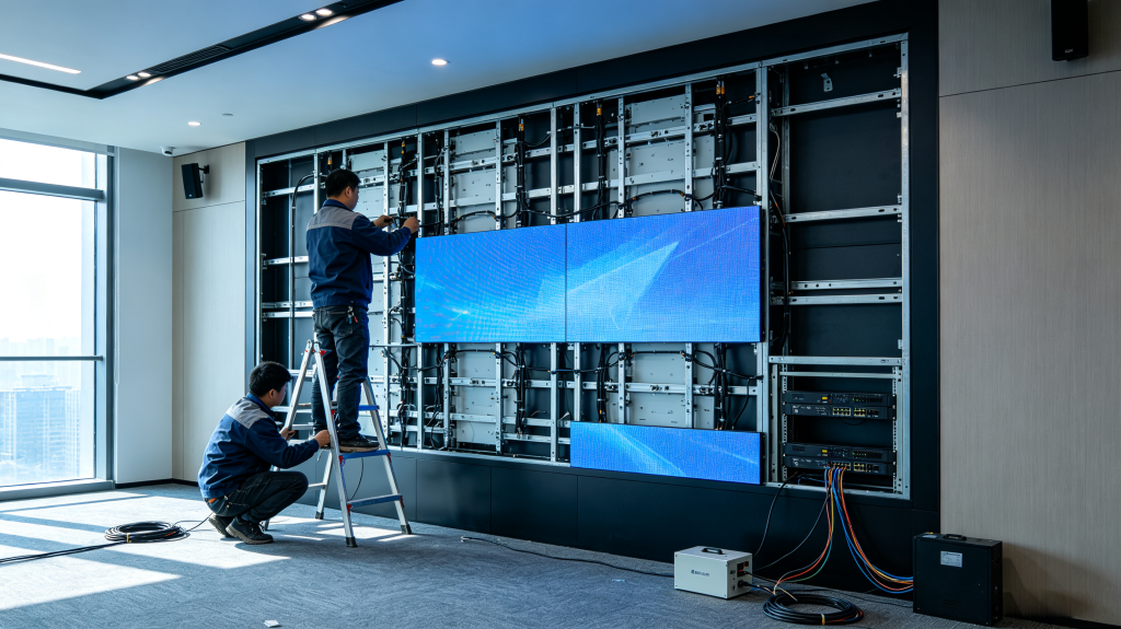 Technician installing indoor LED screen panel with magnetic mounting, cabinet and power supply	