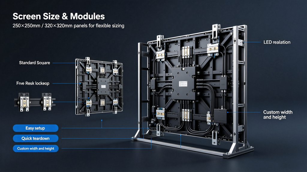 LED rental screen standard modules, fast setup and teardown for temporary events