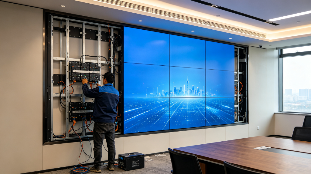 Technician installing indoor LED screen display with magnetic mounting, cabinet and hidden wiring	