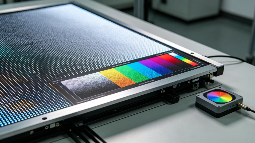 Close-up testing of indoor LED screen display pixel pitch, color accuracy and gray scale performance	