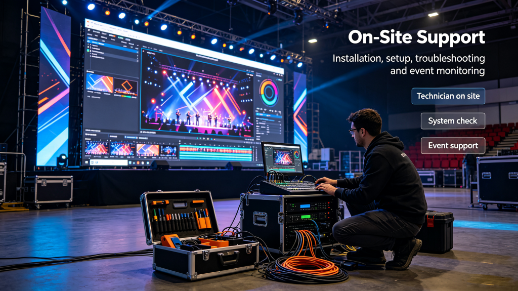 Professional technician installing and debugging LED rental screen for live events
