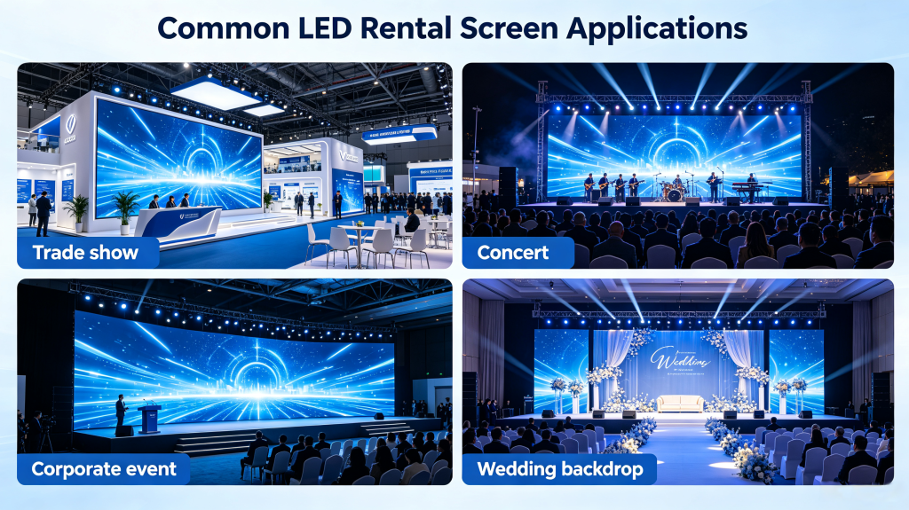 LED rental screen applications for concert, trade show, wedding and corporate launch events