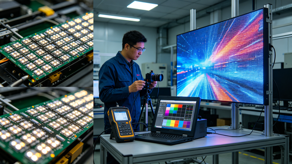 Technician testing indoor LED display pixel pitch, brightness and color accuracy in workshop