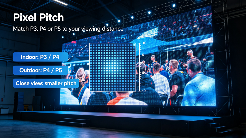 Pixel pitch guide for LED rental screen, P3 P4 P5 for indoor and outdoor event use