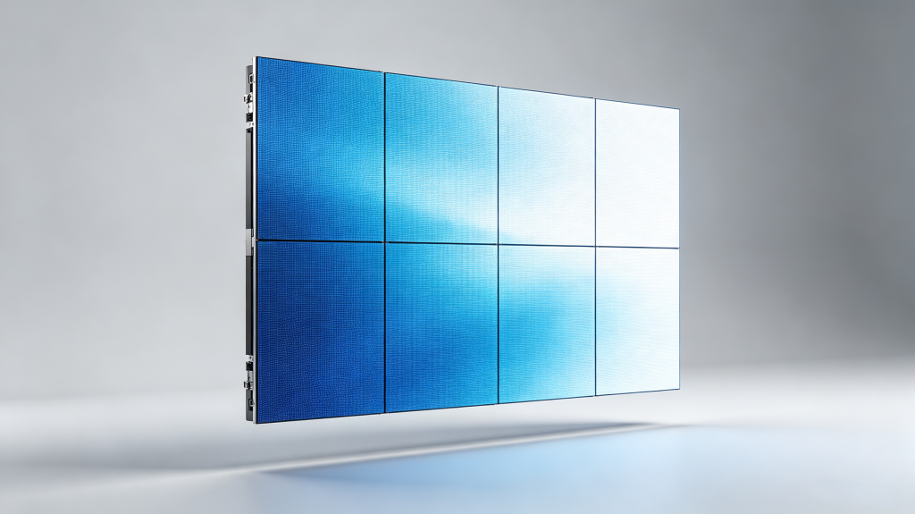 Modular display LED panel floating in clean studio with bright vivid screen	