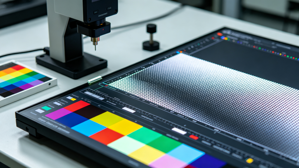 Close-up testing display LED panel pixel pitch, color accuracy and gray scale performance	