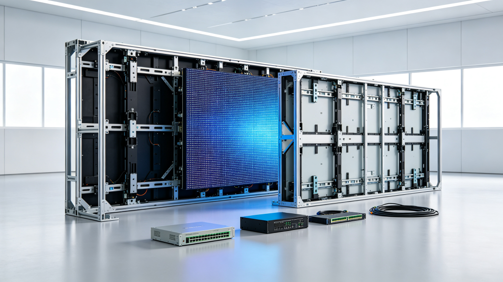 Explored view of display LED panel cabinet showing fixed and rental design differences	