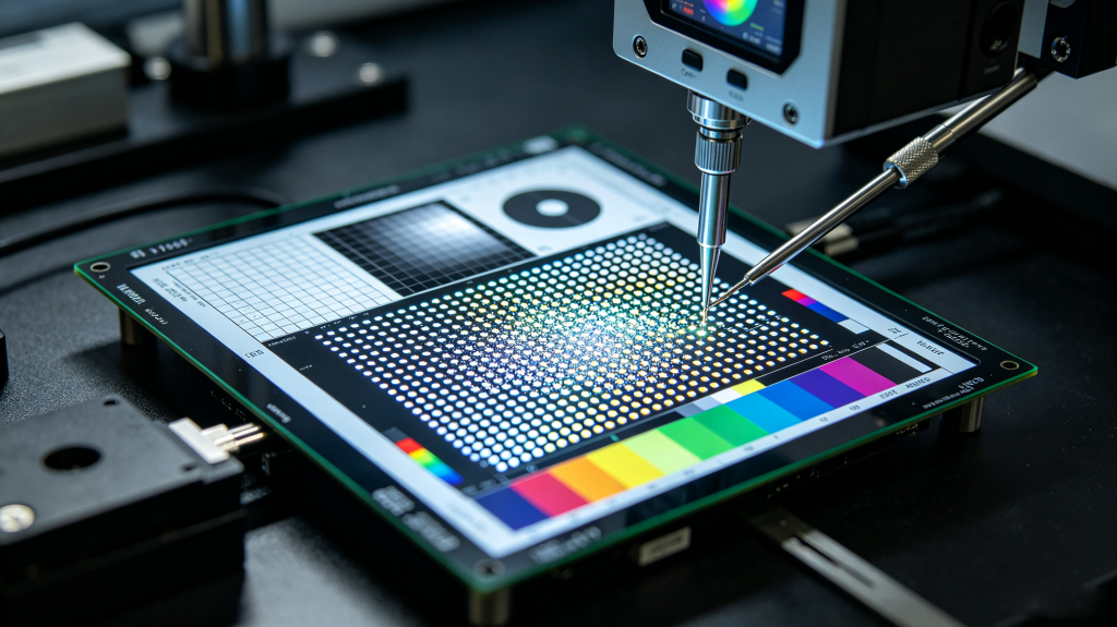 Technician calibrates display panel LED pixel pitch, color accuracy and grayscale with professional testing equipment, clear pixel detail close shot