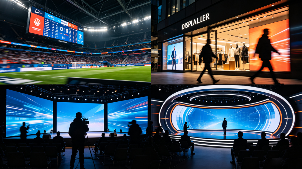 Collage of display panel LED real applications: stadium scoreboard, retail storefront, corporate conference stage, broadcast TV studio backdrop