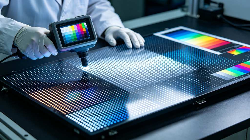 Technician calibrating outdoor and indoor LED display pixel pitch, color accuracy, brightness and grayscale performance in professional testing lab