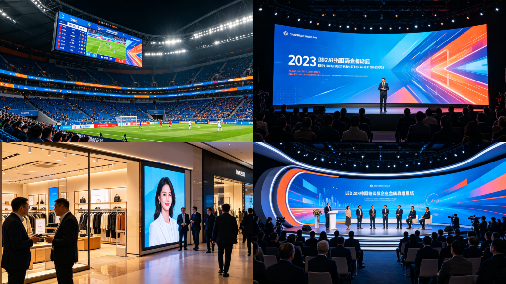 Outdoor and indoor LED display applications: stadium scoreboard, retail storefront advertising, corporate event stage and broadcast studio display wall