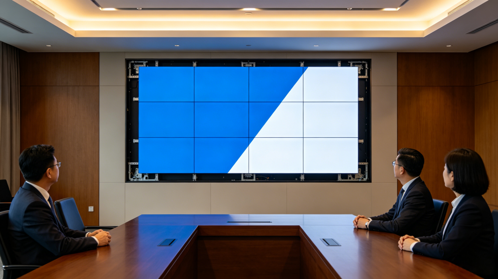Large indoor LED display installed in modern conference room for business presentations