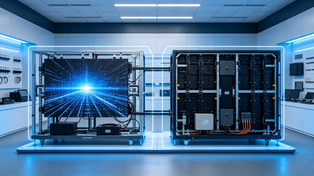 Outdoor and indoor LED display cabinet design comparison, showing fixed installation cabinet, rental cabinet, magnetic mounting and power module structure