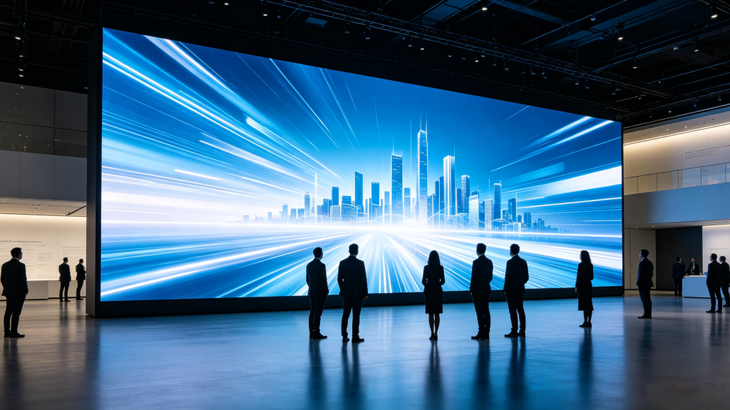 Outdoor and indoor LED display solutions for commercial use, featuring bright outdoor screen and clear indoor display wall in modern business spaces