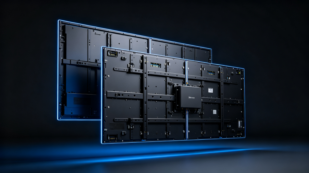 Panel display LED modules showing individual display panels, magnetic mounting frame, power supply unit, connection ports and seamless splicing structure