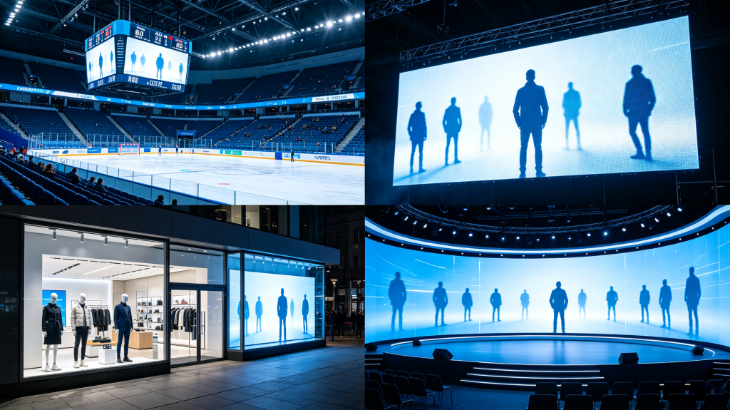 Panel display LED commercial applications: sports venue scoreboard, retail storefront display, corporate event stage and broadcast studio backdrop
