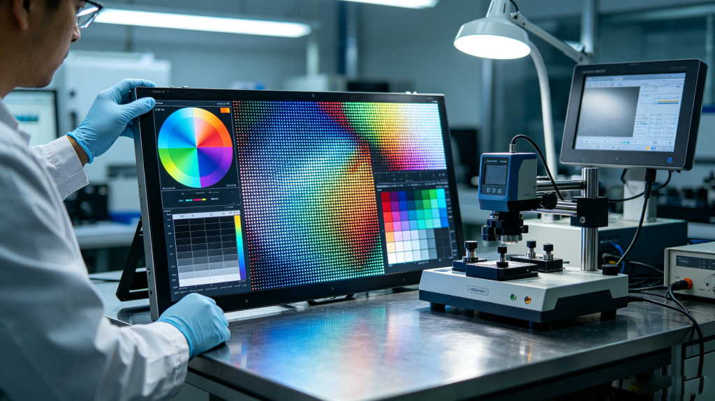 Technician testing panel display LED pixel pitch, color accuracy, grayscale performance and brightness in a professional laboratory