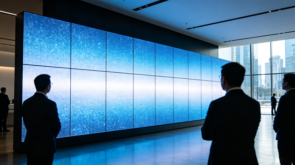 Panel display LED wall in modern commercial space, showing modular high-brightness screen with vivid blue-white content and business audience